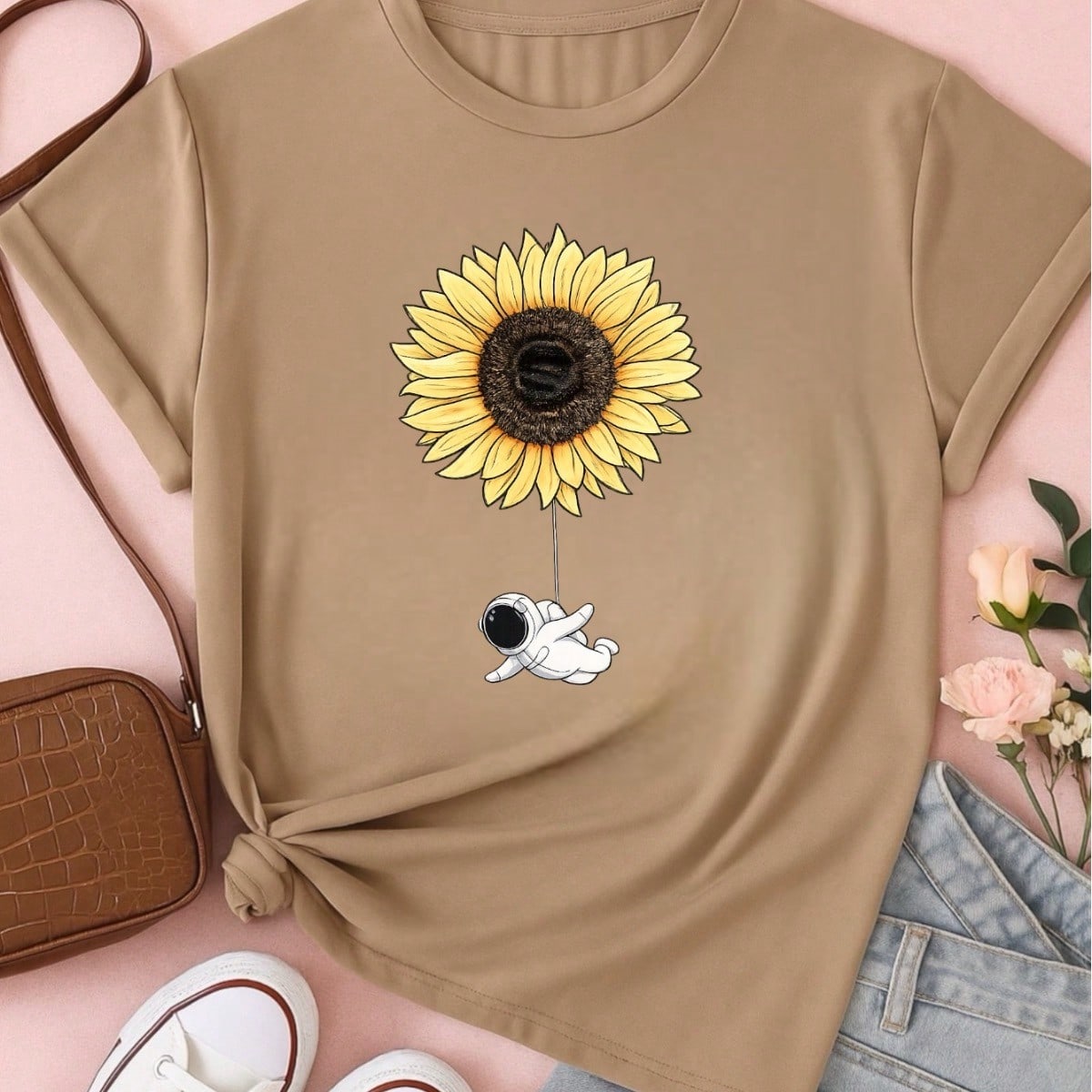 Camiseta Feminina Blusa T-shirt 100% Algodão Estampa Girassol Astronauta Casual P-GG