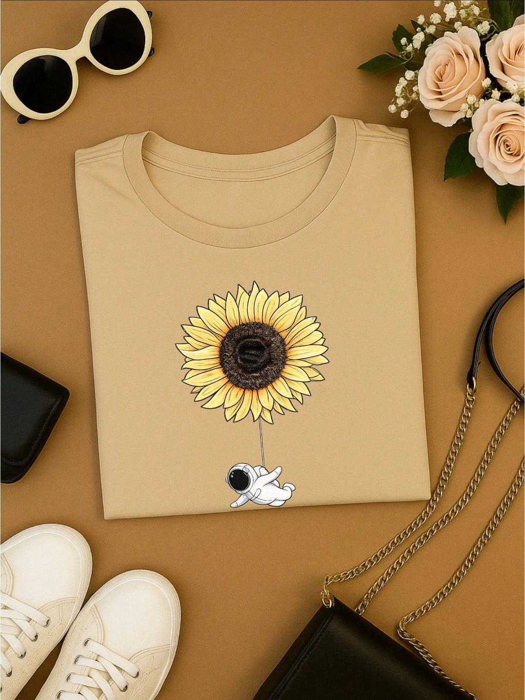 Camiseta Feminina Blusa T-shirt 100% Algodão Estampa Girassol Astronauta Casual P-GG