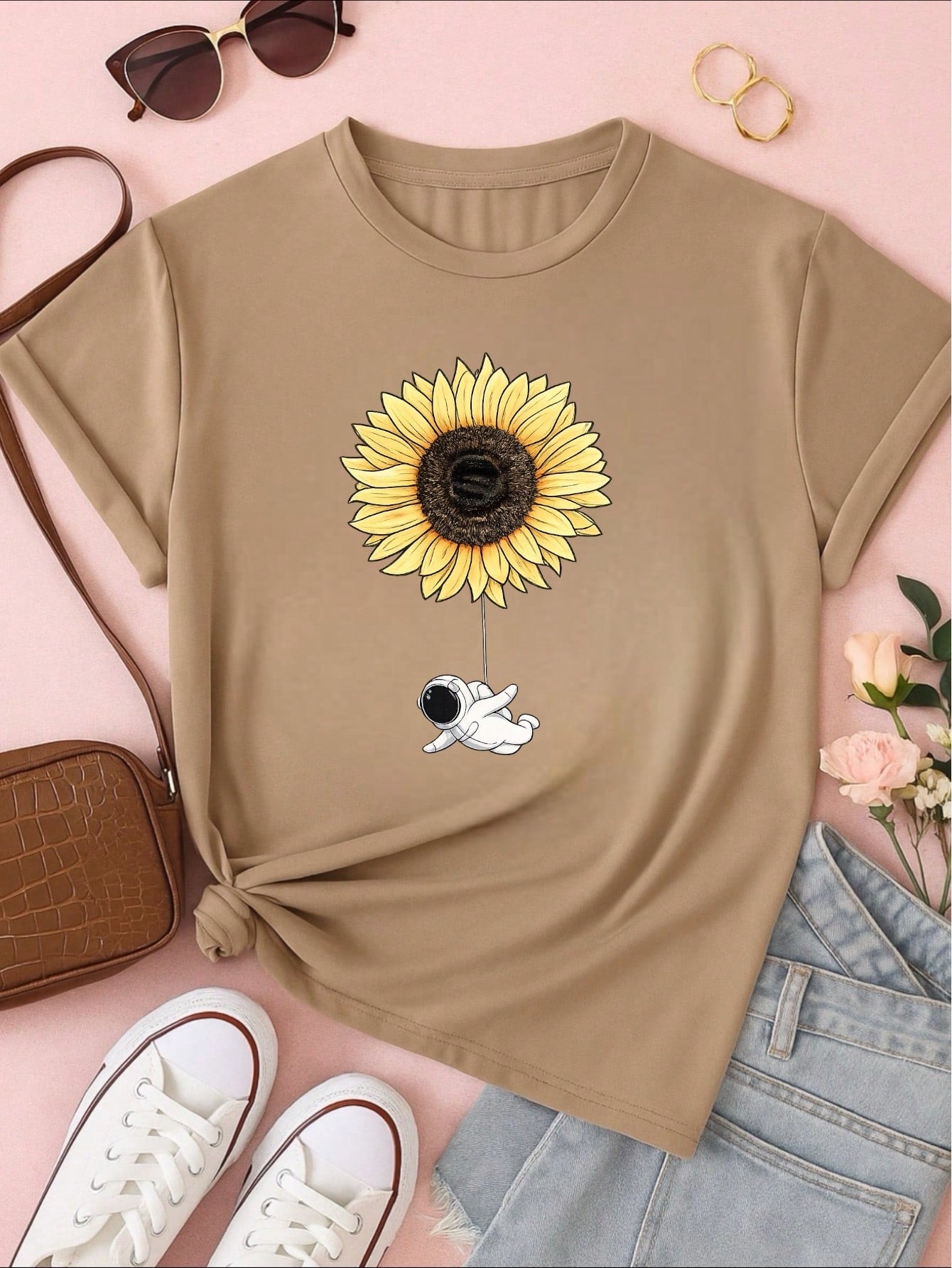 Camiseta Feminina Blusa T-shirt 100% Algodão Estampa Girassol Astronauta Casual P-GG