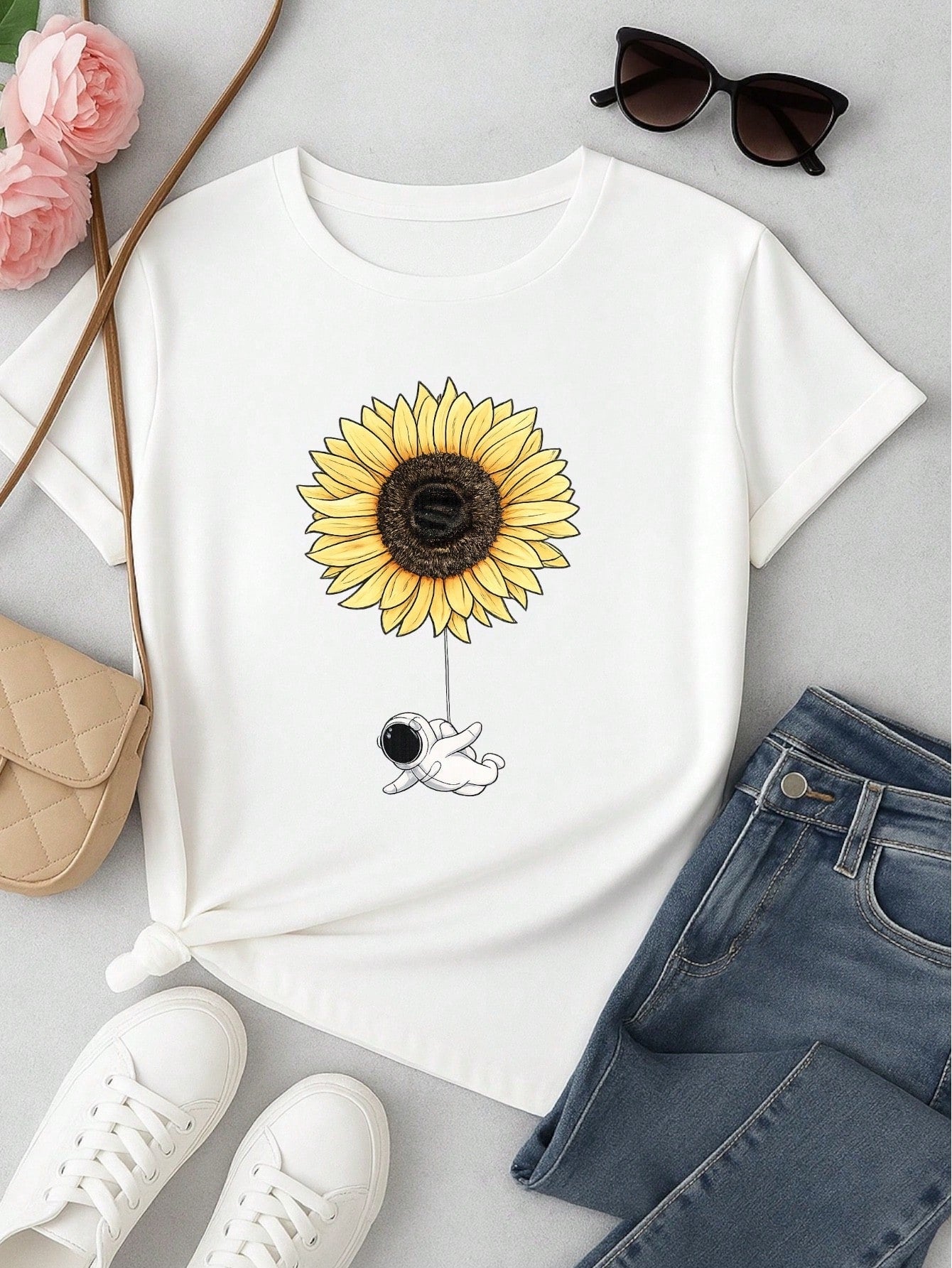 Camiseta Feminina Blusa T-shirt 100% Algodão Estampa Girassol Astronauta Casual P-GG