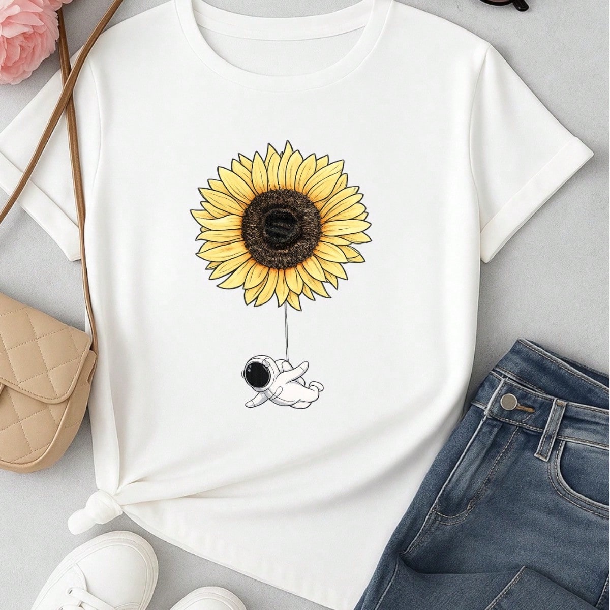 Camiseta Feminina Blusa T-shirt 100% Algodão Estampa Girassol Astronauta Casual P-GG