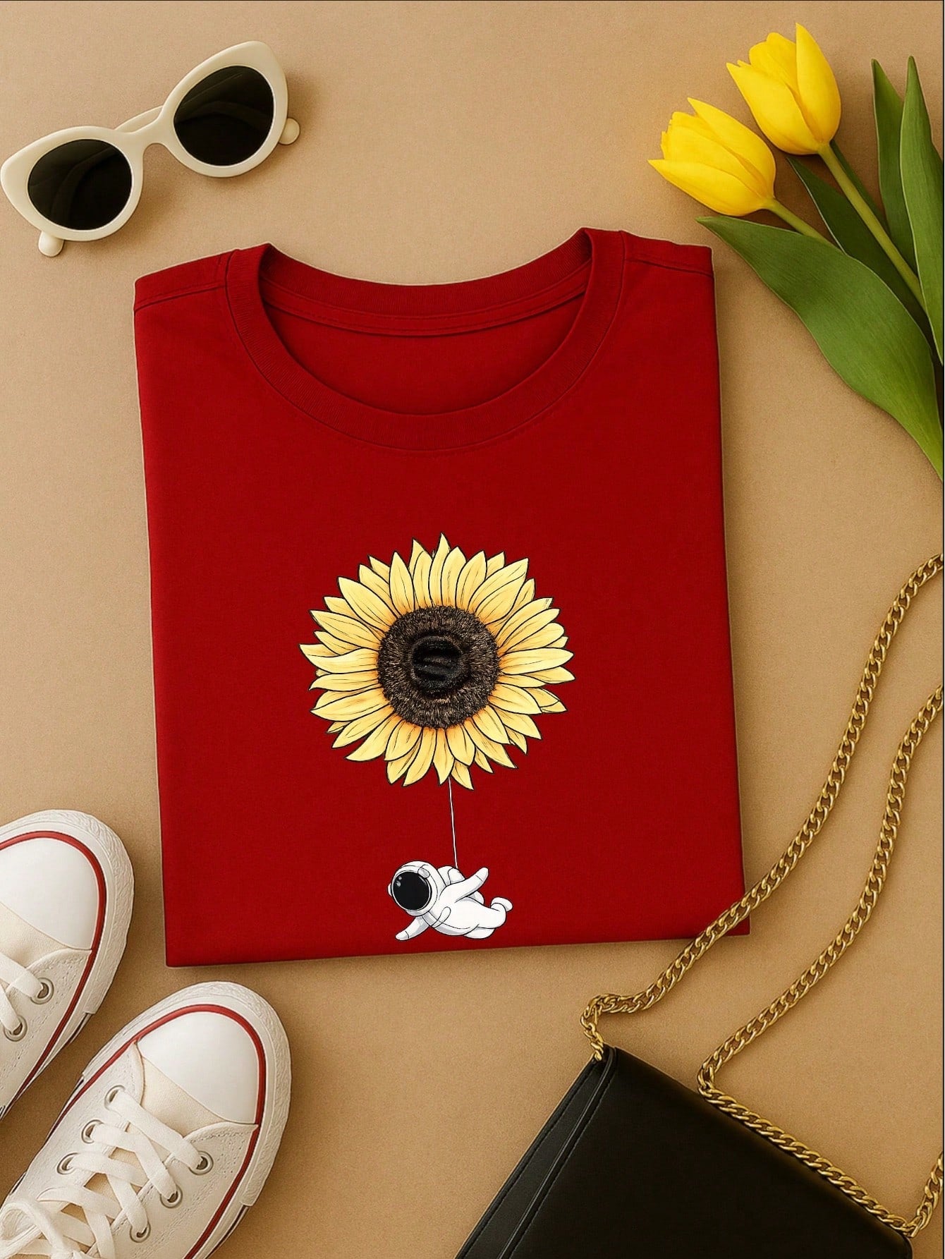 Camiseta Feminina Blusa T-shirt 100% Algodão Estampa Girassol Astronauta Casual P-GG