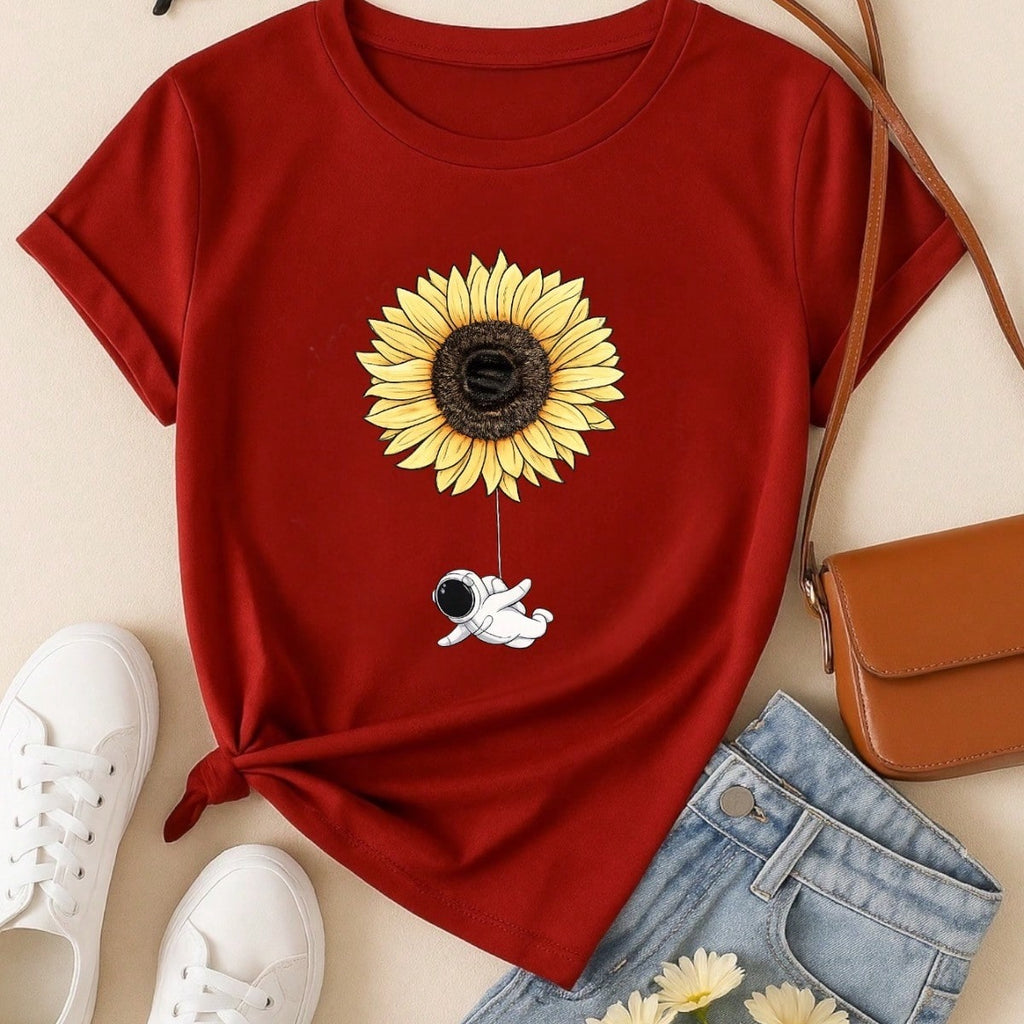 Camiseta Feminina Blusa T-shirt 100% Algodão Estampa Girassol Astronauta Casual P-GG