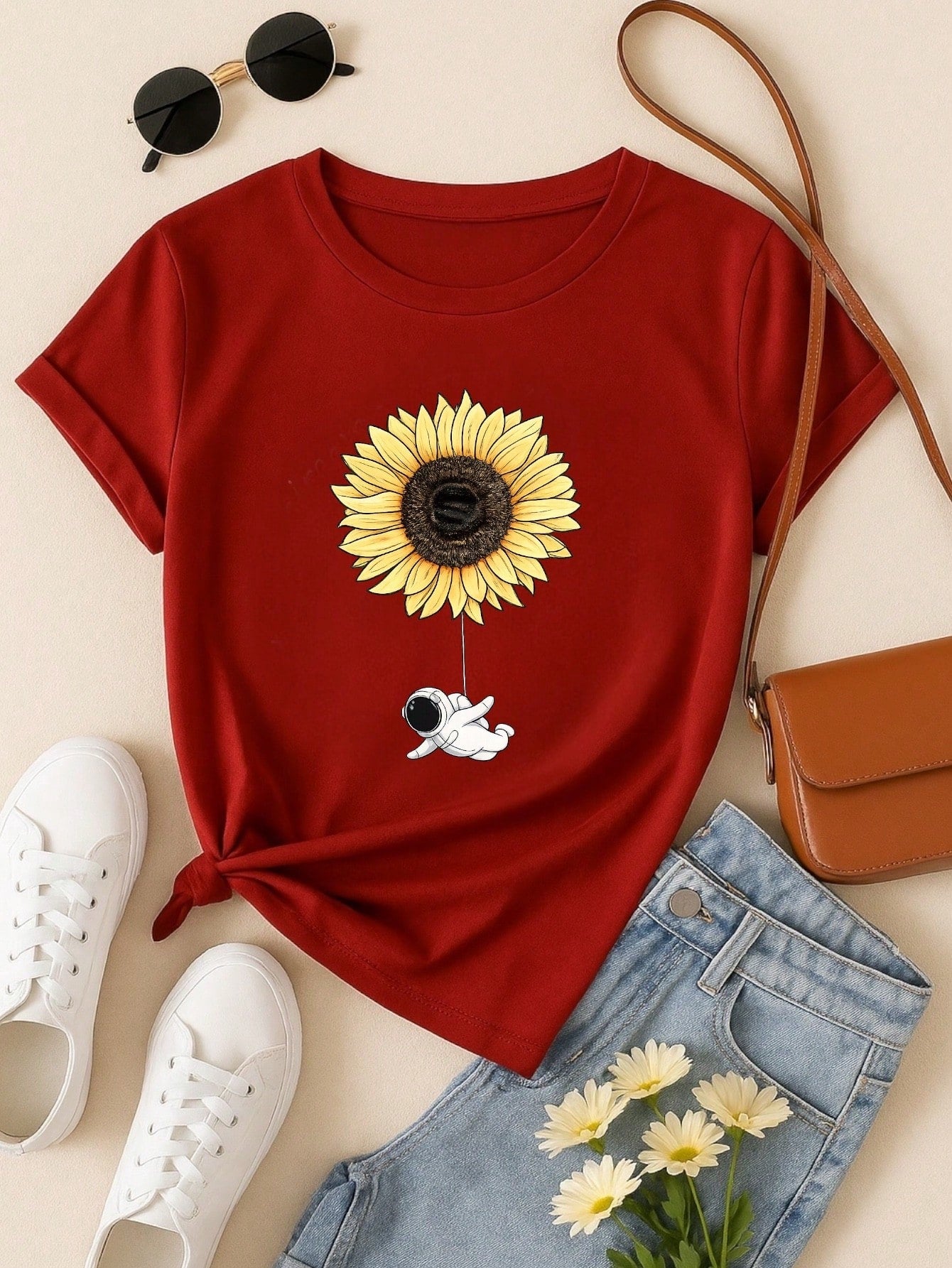 Camiseta Feminina Blusa T-shirt 100% Algodão Estampa Girassol Astronauta Casual P-GG