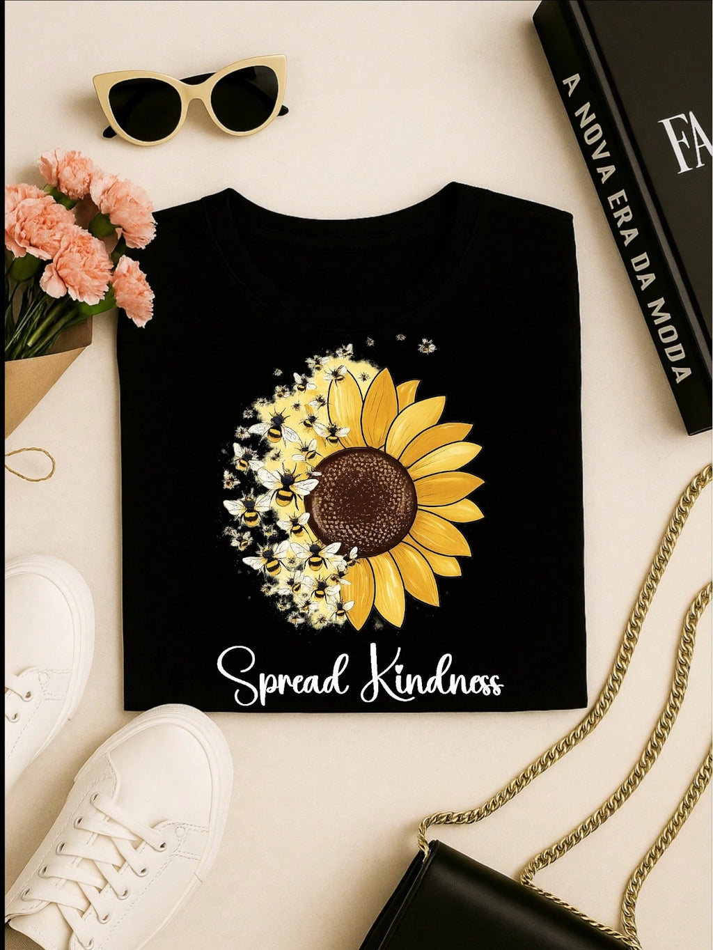 Camiseta Feminina Blusa T-shirt 100% Algodão Estampa Girassol Astronauta Casual P-GG