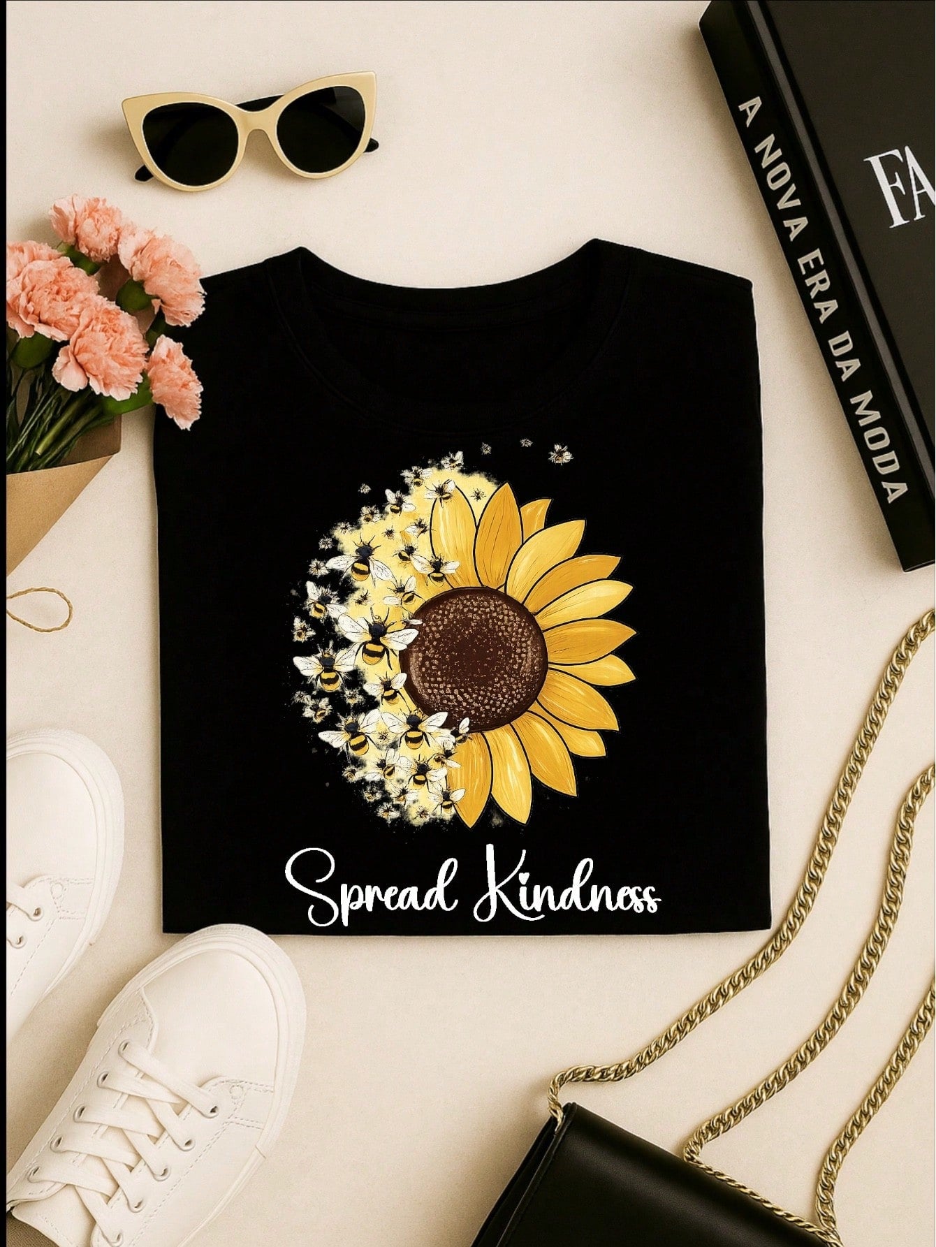 Camiseta Feminina Blusa T-shirt 100% Algodão Estampa Girassol Astronauta Casual P-GG