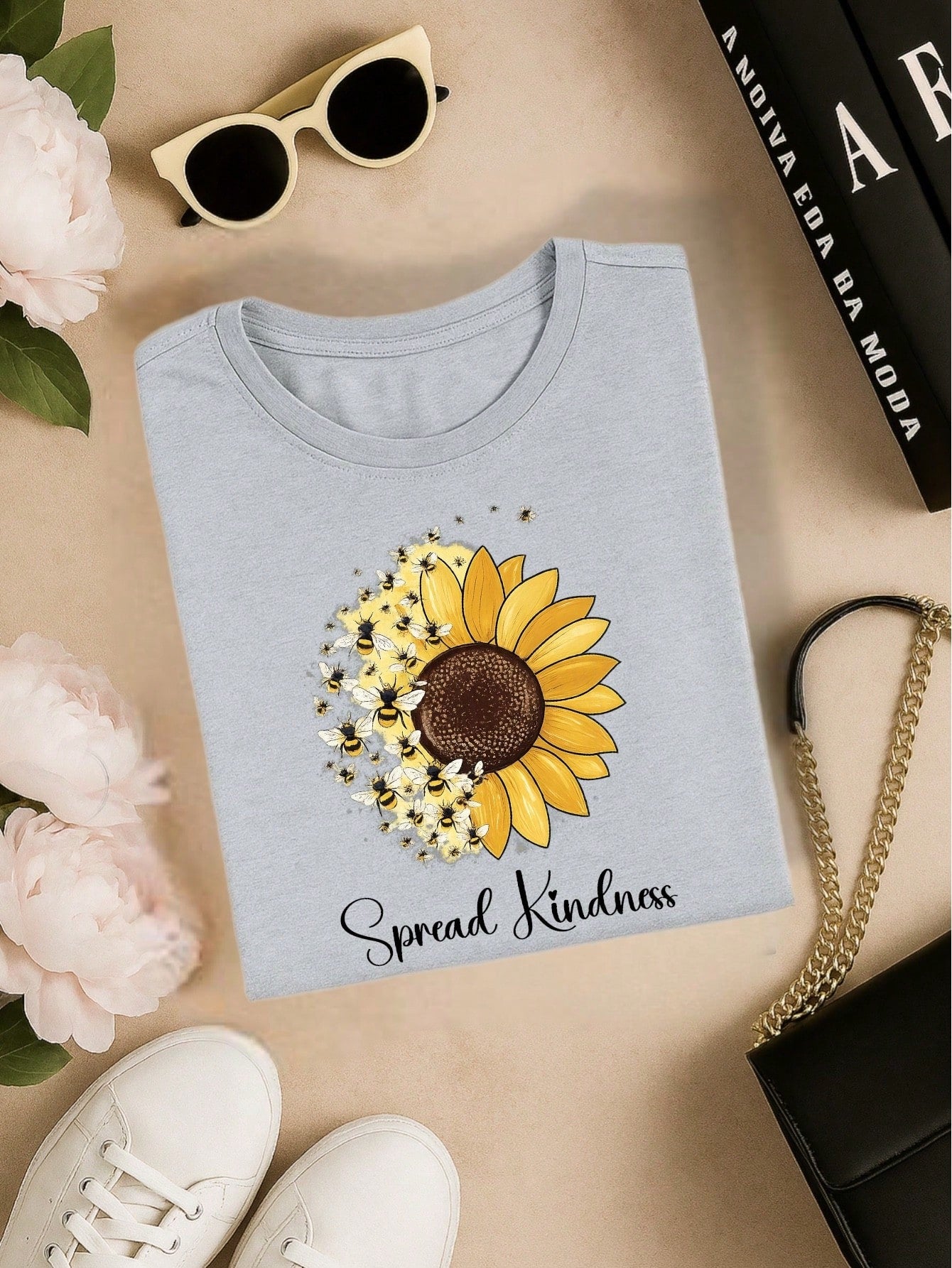 Camiseta Feminina Blusa T-shirt 100% Algodão Estampa Girassol Astronauta Casual P-GG