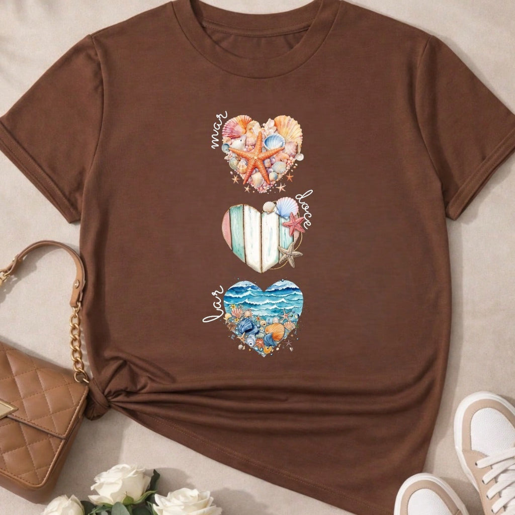 Camiseta Feminina T-shirt 100% Algodão  Blusa Feminina  Estampa Mar Doce Lar Praia Casual P-GG