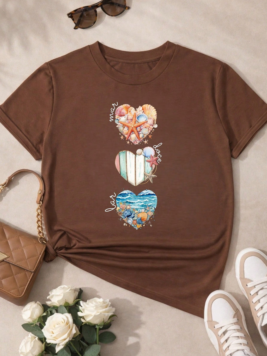 Camiseta Feminina T-shirt 100% Algodão  Blusa Feminina  Estampa Mar Doce Lar Praia Casual P-GG