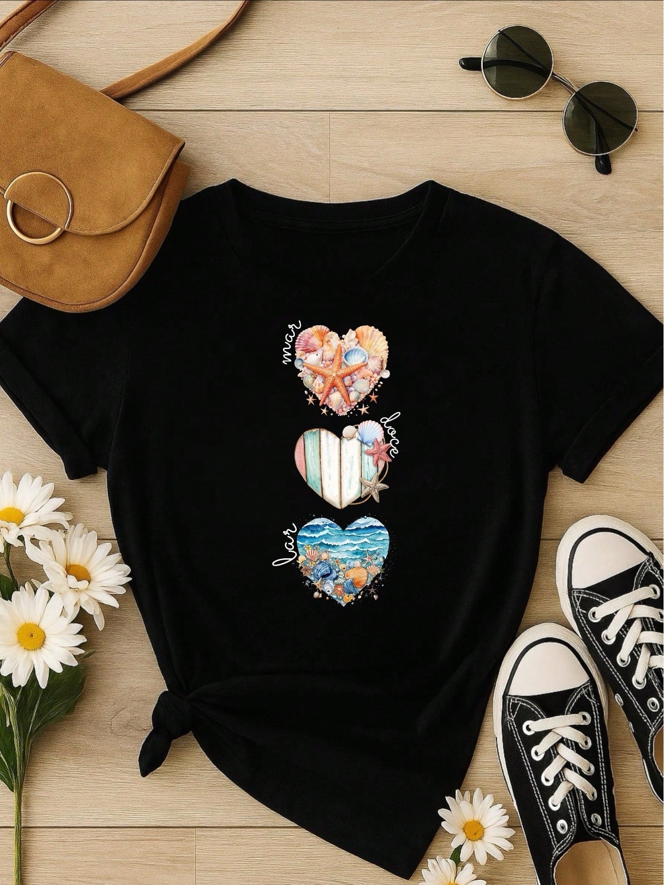 Camiseta Feminina T-shirt 100% Algodão  Blusa Feminina  Estampa Mar Doce Lar Praia Casual P-GG