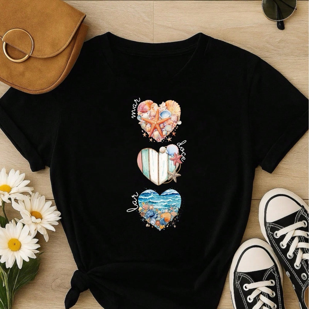 Camiseta Feminina T-shirt 100% Algodão  Blusa Feminina  Estampa Mar Doce Lar Praia Casual P-GG