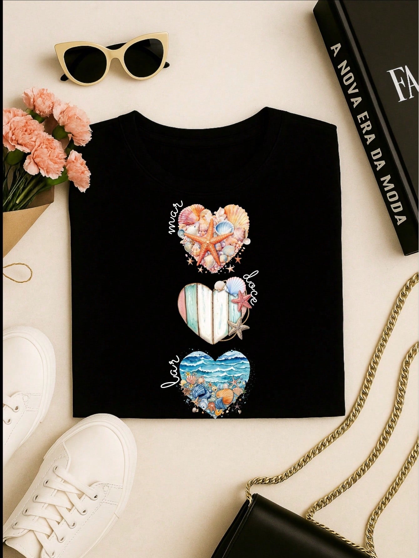 Camiseta Feminina T-shirt 100% Algodão  Blusa Feminina  Estampa Mar Doce Lar Praia Casual P-GG