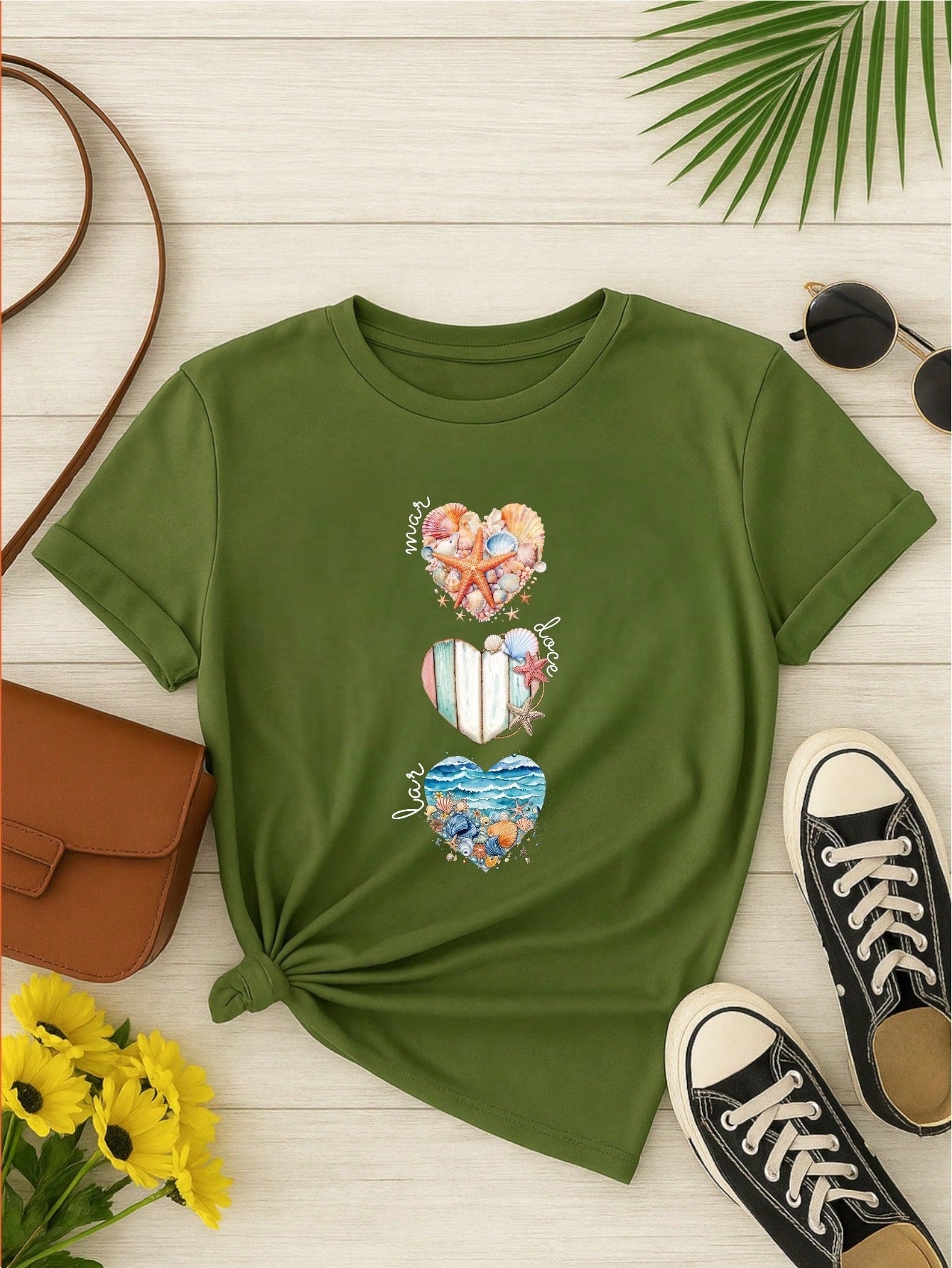 Camiseta Feminina T-shirt 100% Algodão  Blusa Feminina  Estampa Mar Doce Lar Praia Casual P-GG