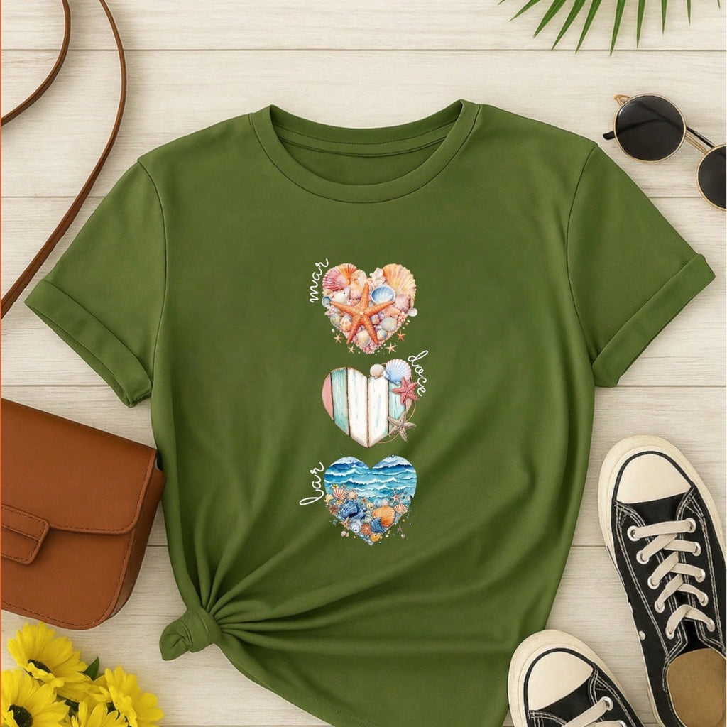 Camiseta Feminina T-shirt 100% Algodão  Blusa Feminina  Estampa Mar Doce Lar Praia Casual P-GG