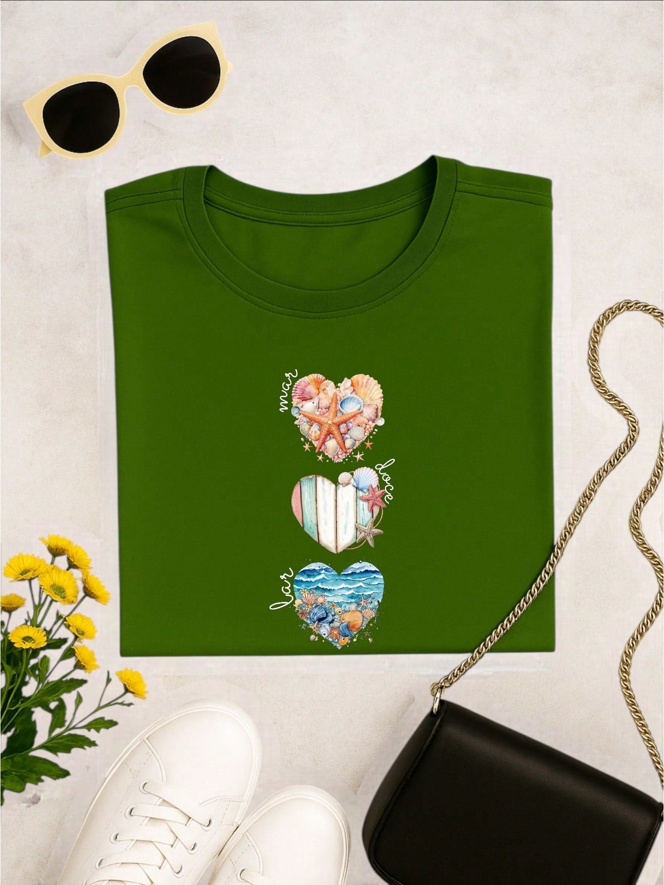 Camiseta Feminina T-shirt 100% Algodão  Blusa Feminina  Estampa Mar Doce Lar Praia Casual P-GG