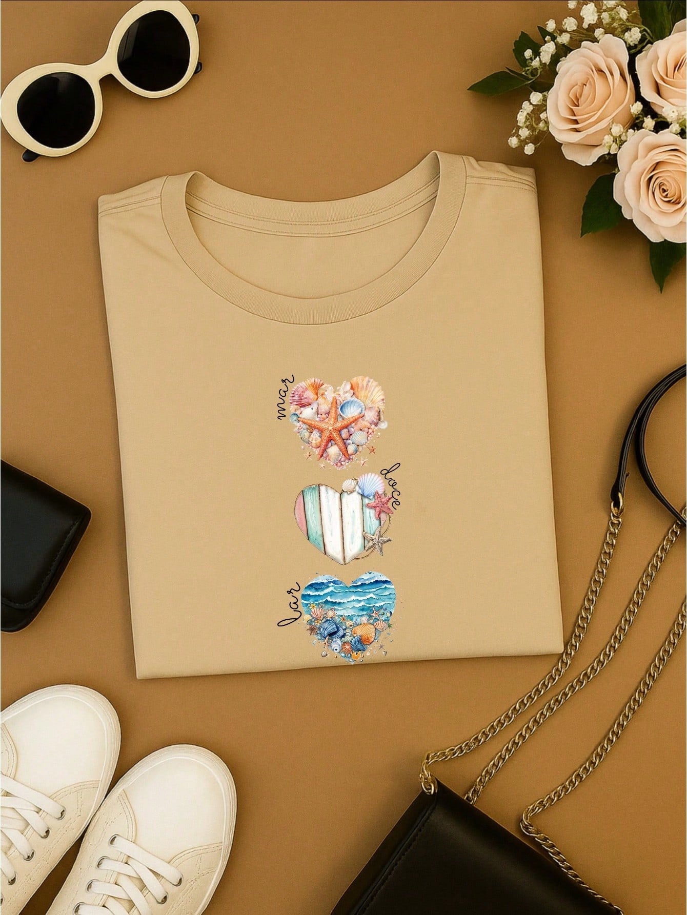 Camiseta Feminina T-shirt 100% Algodão  Blusa Feminina  Estampa Mar Doce Lar Praia Casual P-GG