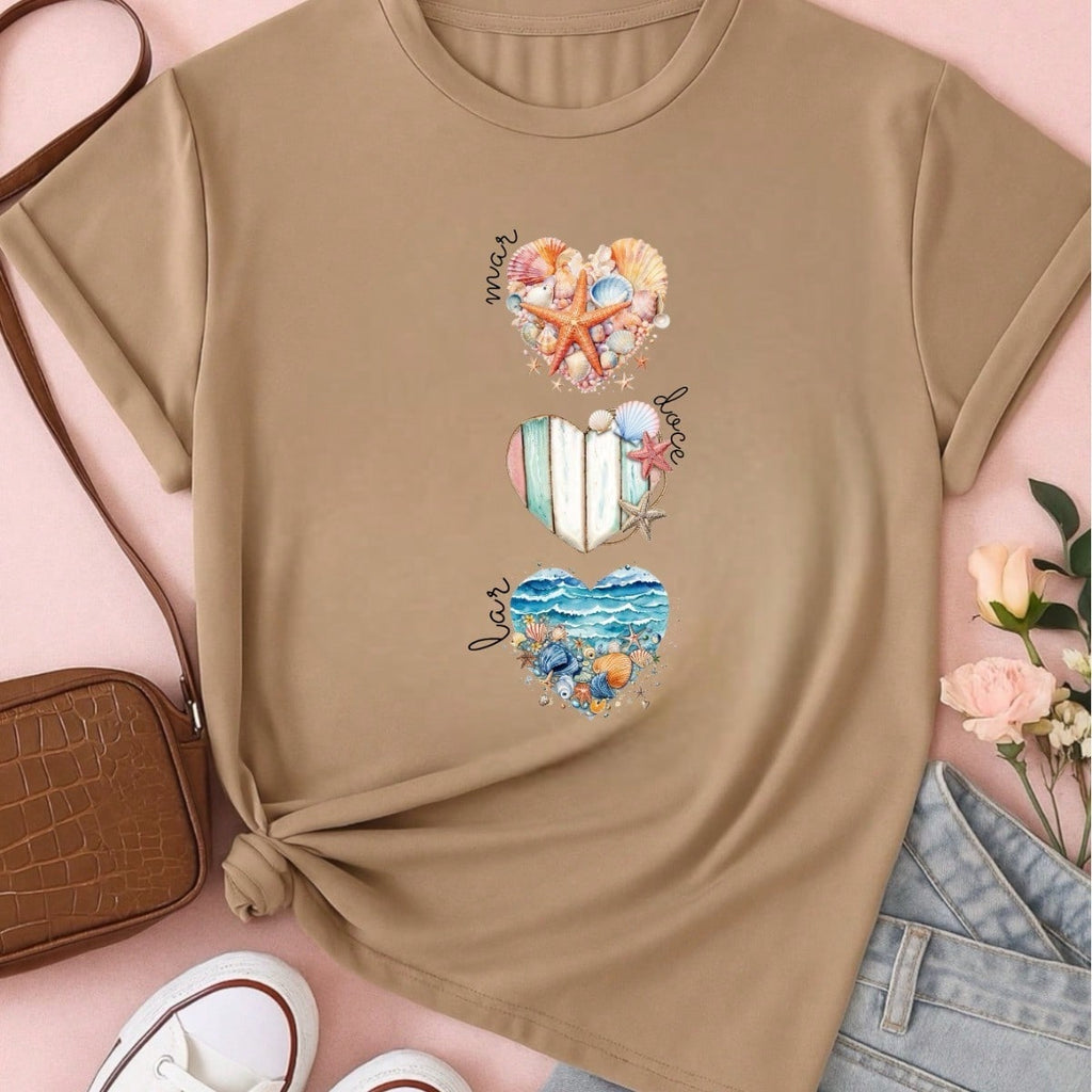 Camiseta Feminina T-shirt 100% Algodão  Blusa Feminina  Estampa Mar Doce Lar Praia Casual P-GG