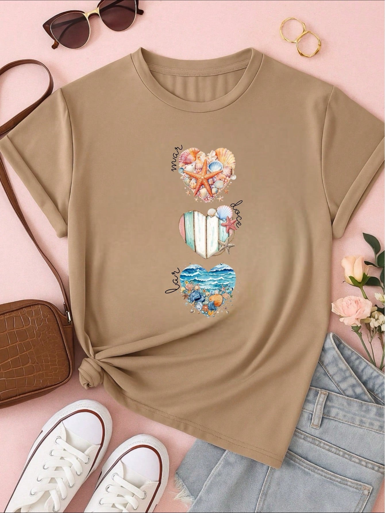 Camiseta Feminina T-shirt 100% Algodão  Blusa Feminina  Estampa Mar Doce Lar Praia Casual P-GG