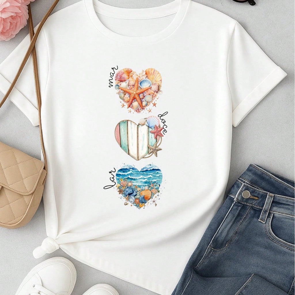Camiseta Feminina T-shirt 100% Algodão  Blusa Feminina  Estampa Mar Doce Lar Praia Casual P-GG
