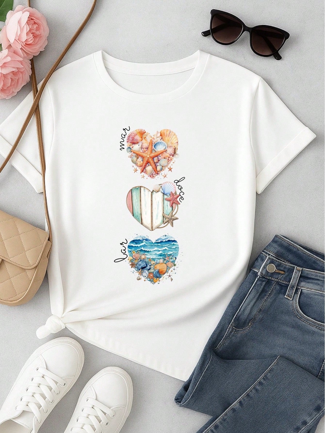 Camiseta Feminina T-shirt 100% Algodão  Blusa Feminina  Estampa Mar Doce Lar Praia Casual P-GG