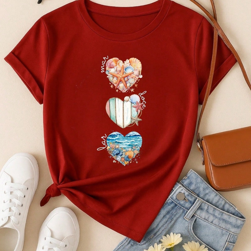 Camiseta Feminina T-shirt 100% Algodão  Blusa Feminina  Estampa Mar Doce Lar Praia Casual P-GG
