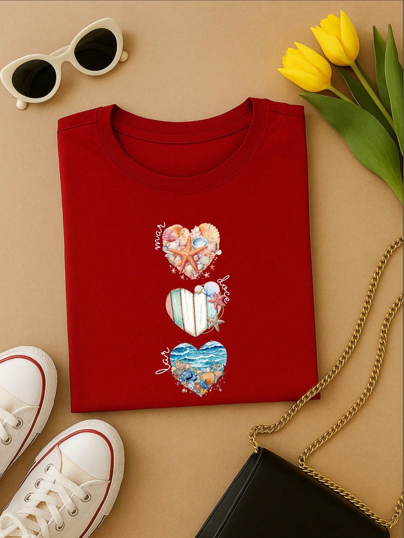 Camiseta Feminina T-shirt 100% Algodão  Blusa Feminina  Estampa Mar Doce Lar Praia Casual P-GG