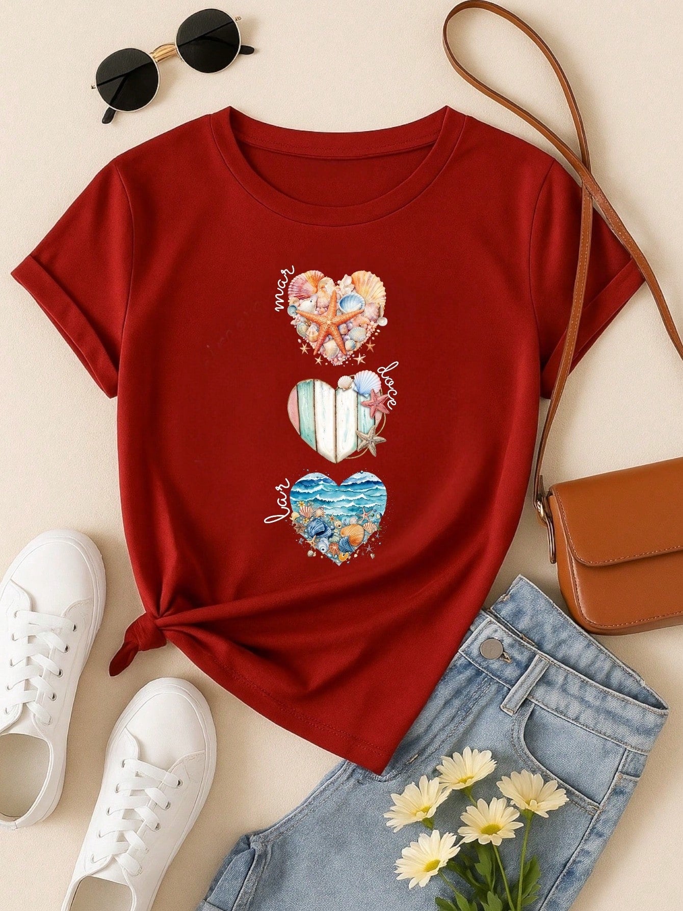 Camiseta Feminina T-shirt 100% Algodão  Blusa Feminina  Estampa Mar Doce Lar Praia Casual P-GG