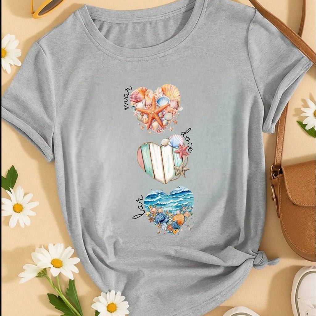 Camiseta Feminina T-shirt 100% Algodão  Blusa Feminina  Estampa Mar Doce Lar Praia Casual P-GG