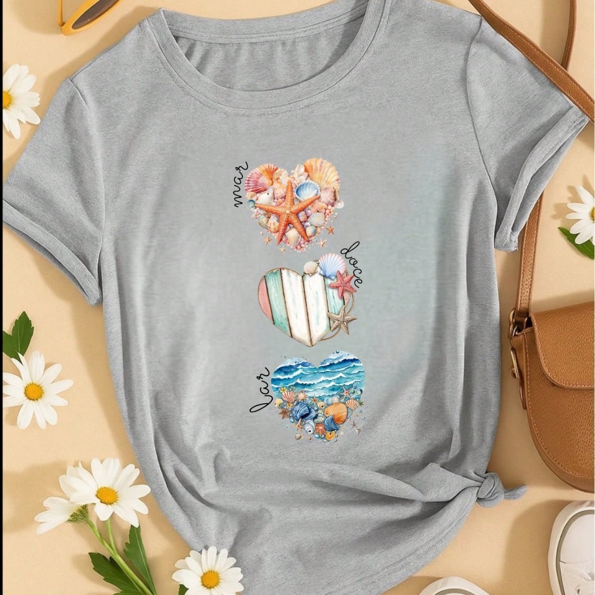 Camiseta Feminina T-shirt 100% Algodão  Blusa Feminina  Estampa Mar Doce Lar Praia Casual P-GG