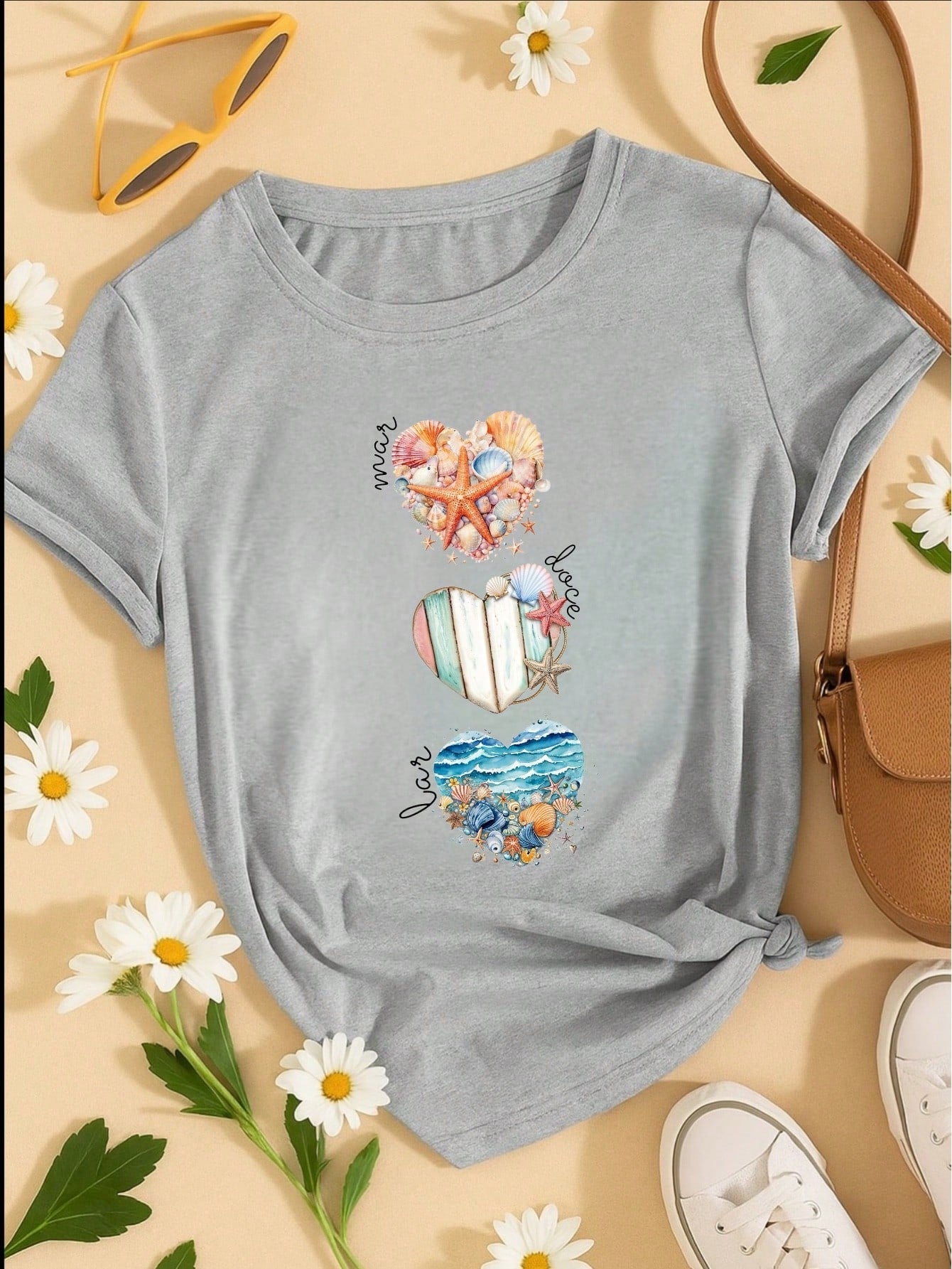 Camiseta Feminina T-shirt 100% Algodão  Blusa Feminina  Estampa Mar Doce Lar Praia Casual P-GG