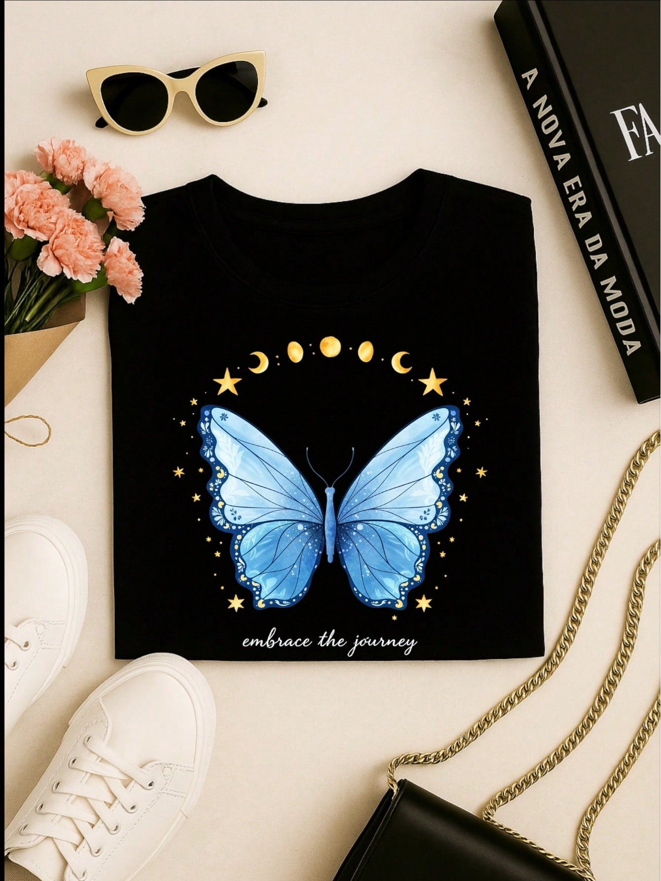 Camiseta Feminina 100% Algodão Estampa Love Happiness Faith Penas Casual P-GG