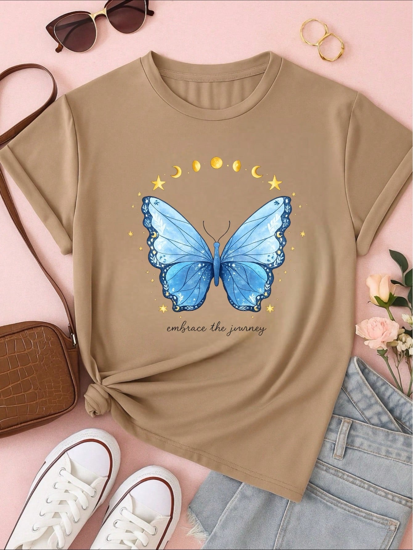 Camiseta Feminina 100% Algodão Estampa Love Happiness Faith Penas Casual P-GG