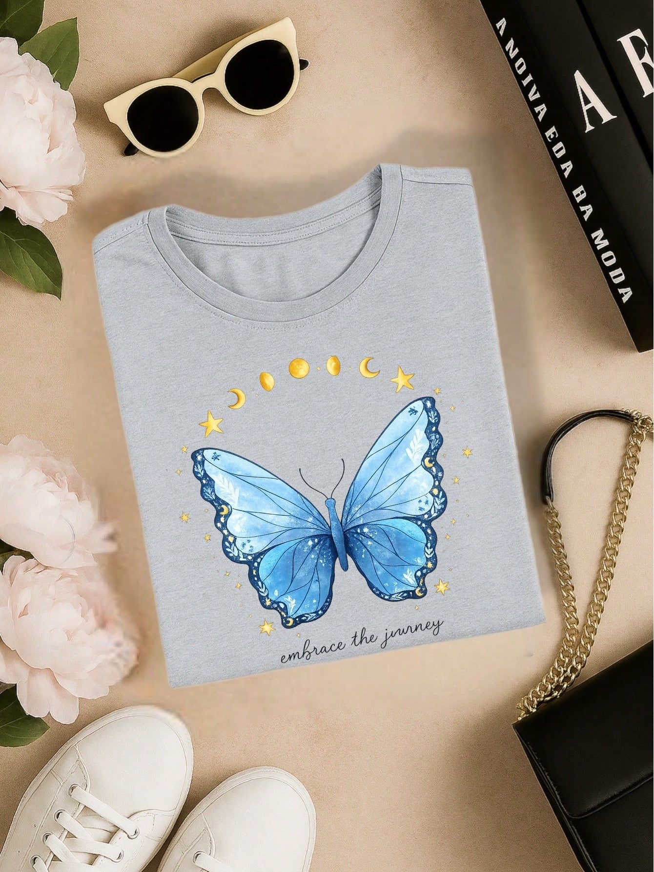 Camiseta Feminina 100% Algodão Estampa Love Happiness Faith Penas Casual P-GG