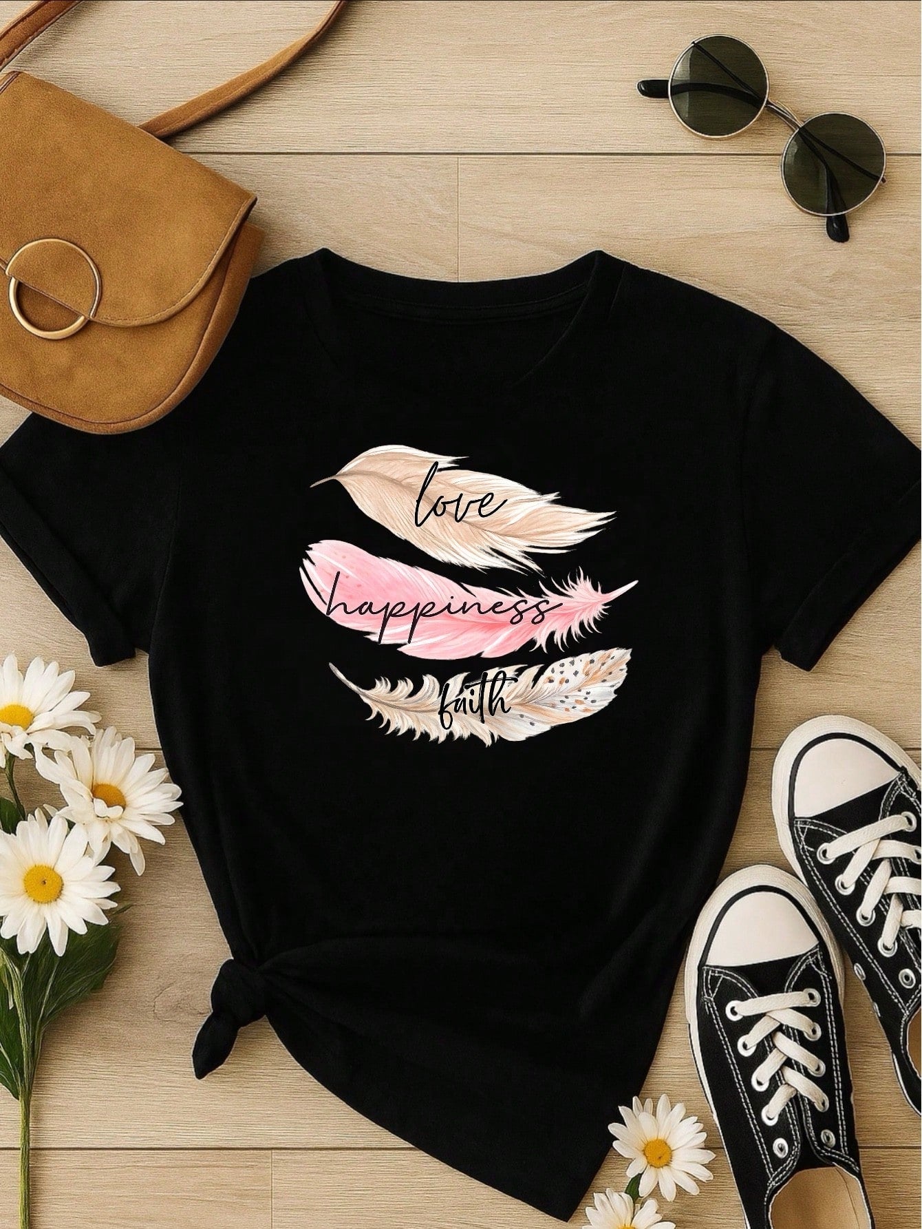 Camiseta Feminina 100% Algodão Estampa Love Happiness Faith Penas Casual P-GG