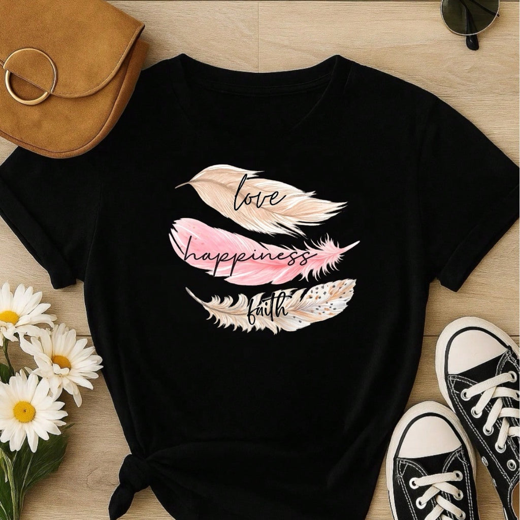 Camiseta Feminina 100% Algodão Estampa Love Happiness Faith Penas Casual P-GG