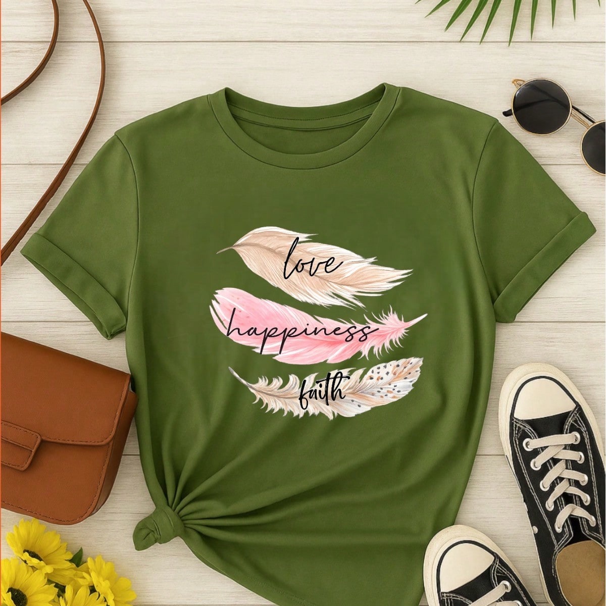 Camiseta Feminina 100% Algodão Estampa Love Happiness Faith Penas Casual P-GG