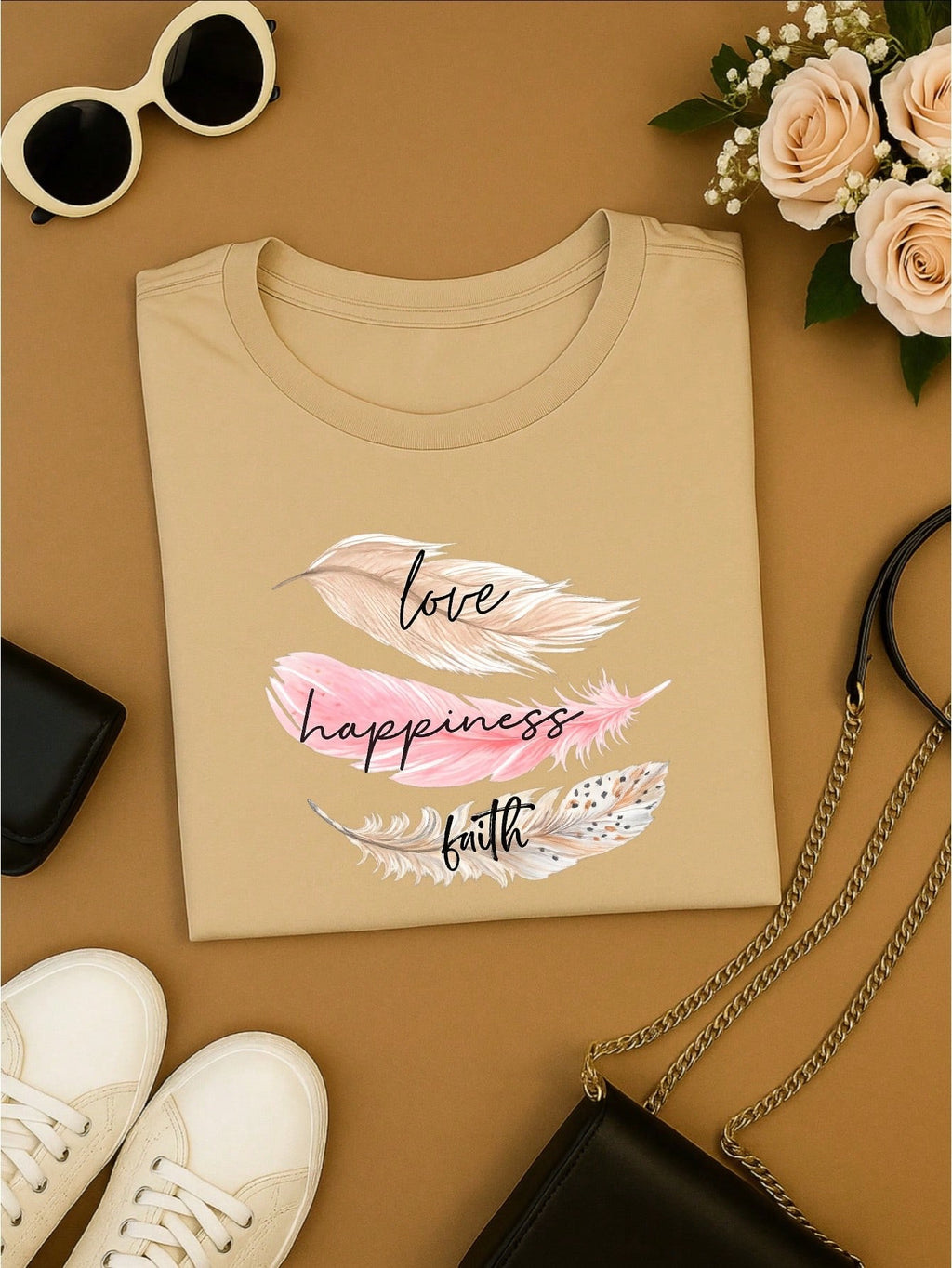 Camiseta Feminina 100% Algodão Estampa Love Happiness Faith Penas Casual P-GG
