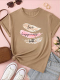 Camiseta Feminina 100% Algodão Estampa Love Happiness Faith Penas Casual P-GG