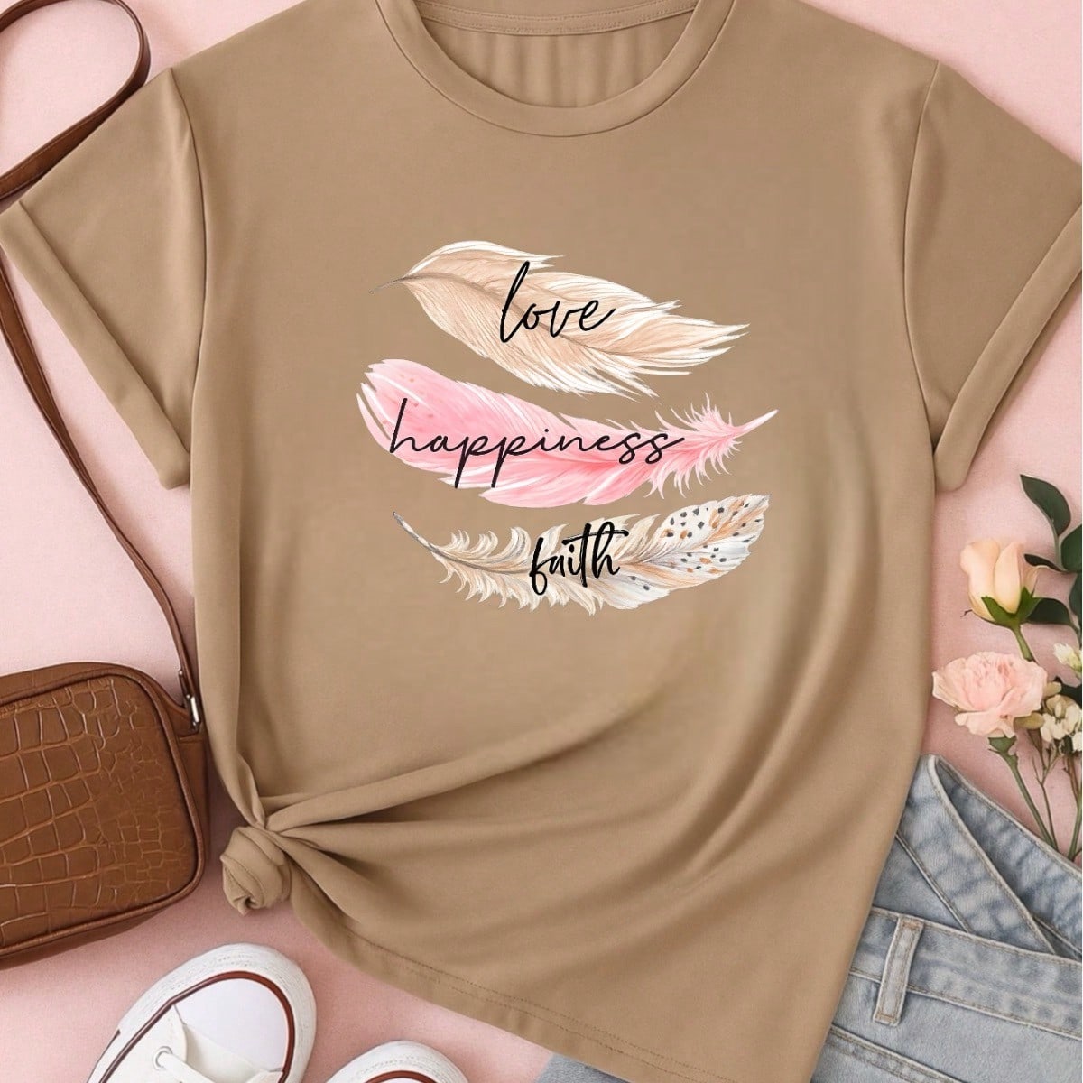 Camiseta Feminina 100% Algodão Estampa Love Happiness Faith Penas Casual P-GG