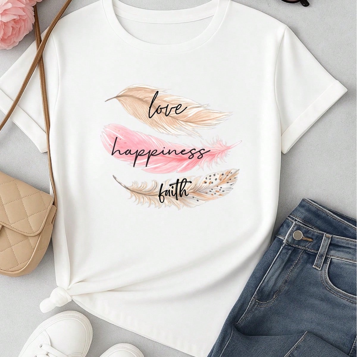 Camiseta Feminina 100% Algodão Estampa Love Happiness Faith Penas Casual P-GG