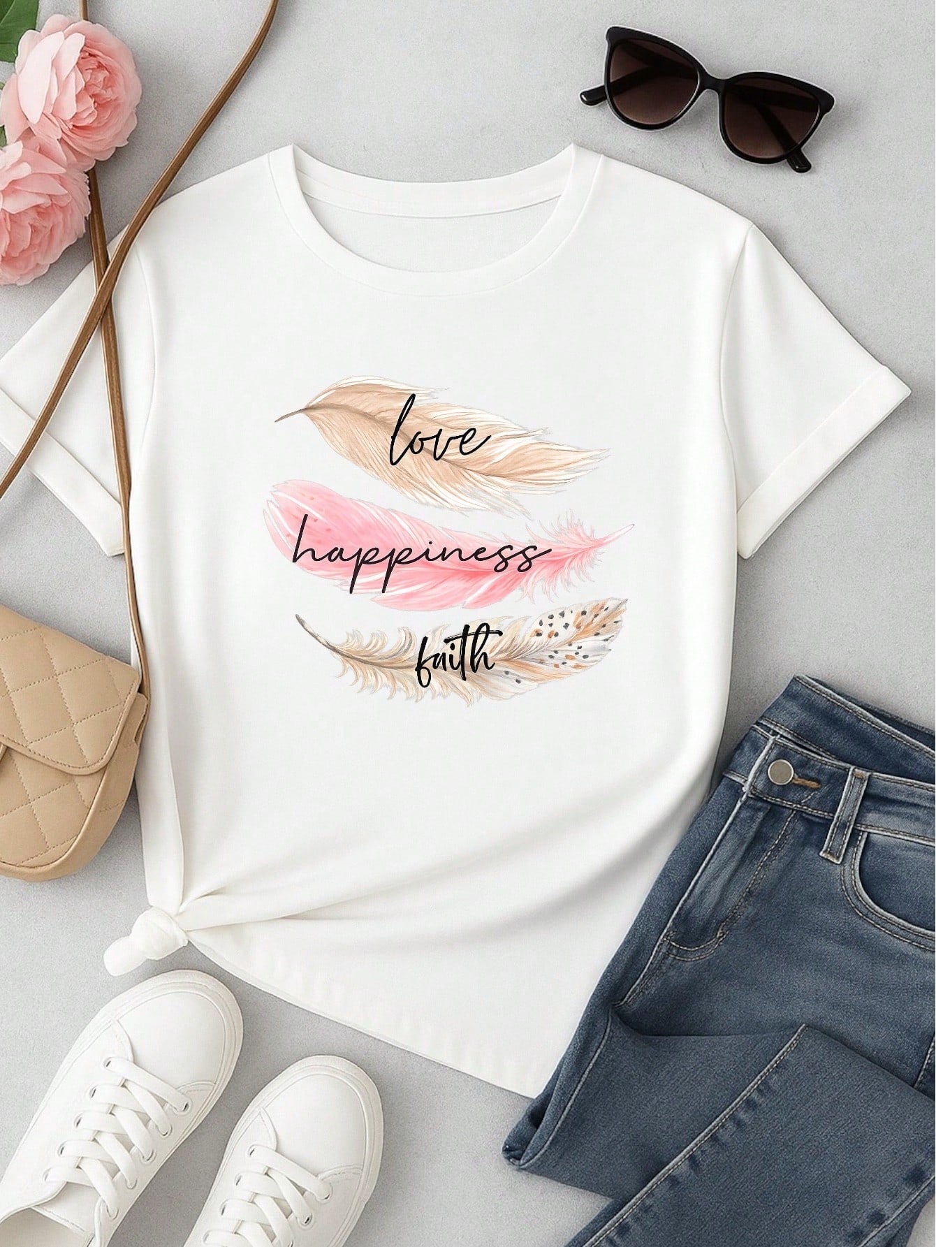 Camiseta Feminina 100% Algodão Estampa Love Happiness Faith Penas Casual P-GG