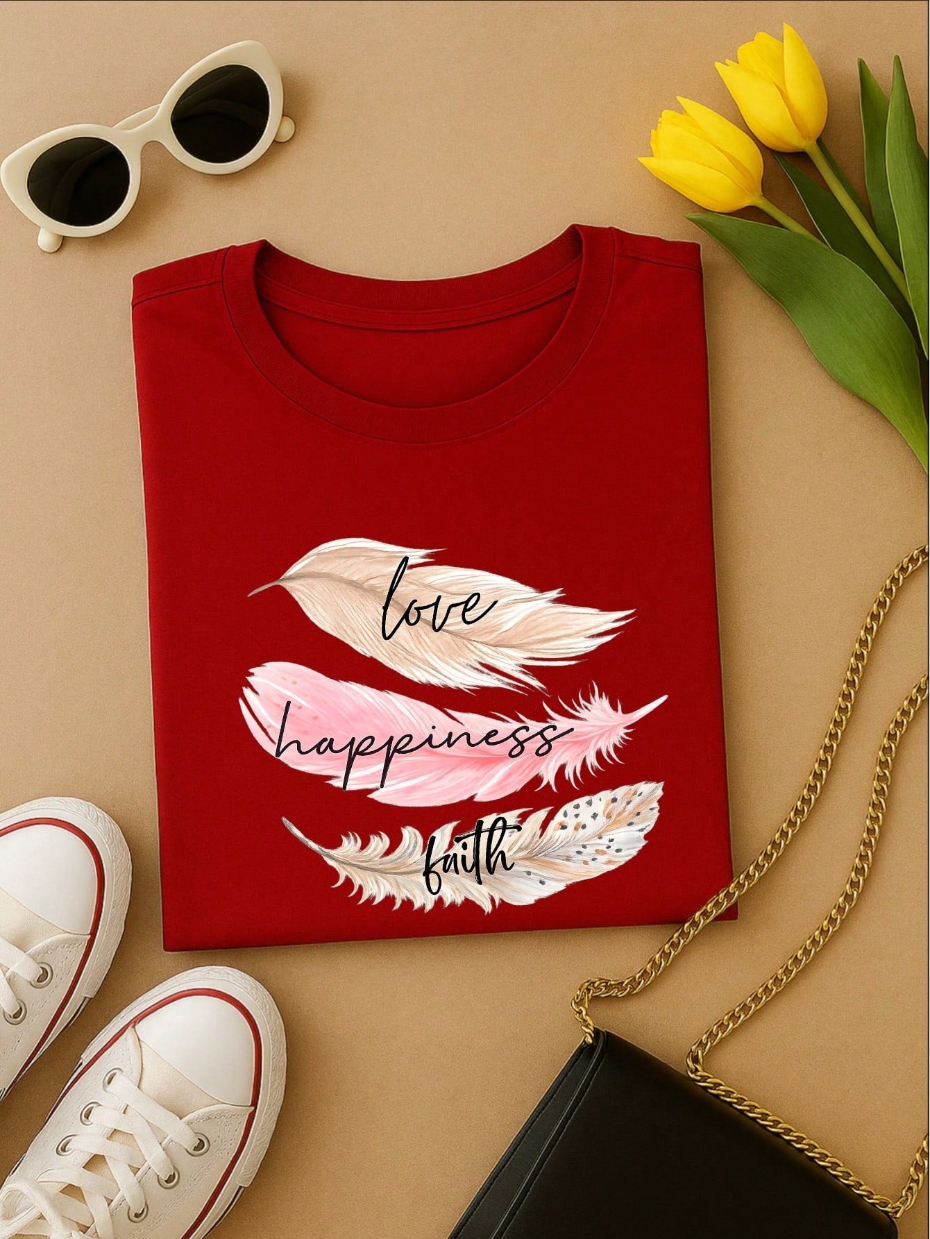 Camiseta Feminina 100% Algodão Estampa Love Happiness Faith Penas Casual P-GG