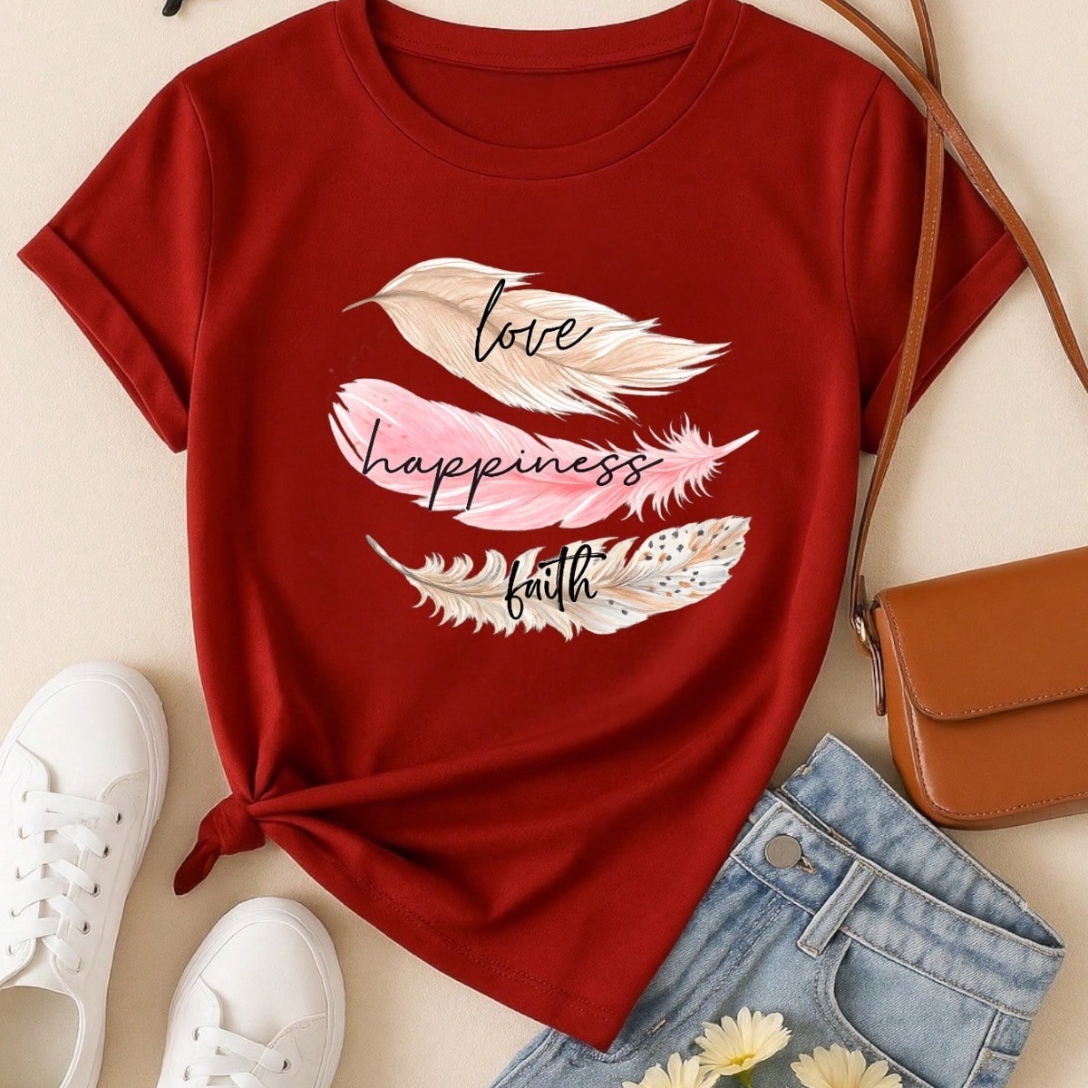 Camiseta Feminina 100% Algodão Estampa Love Happiness Faith Penas Casual P-GG