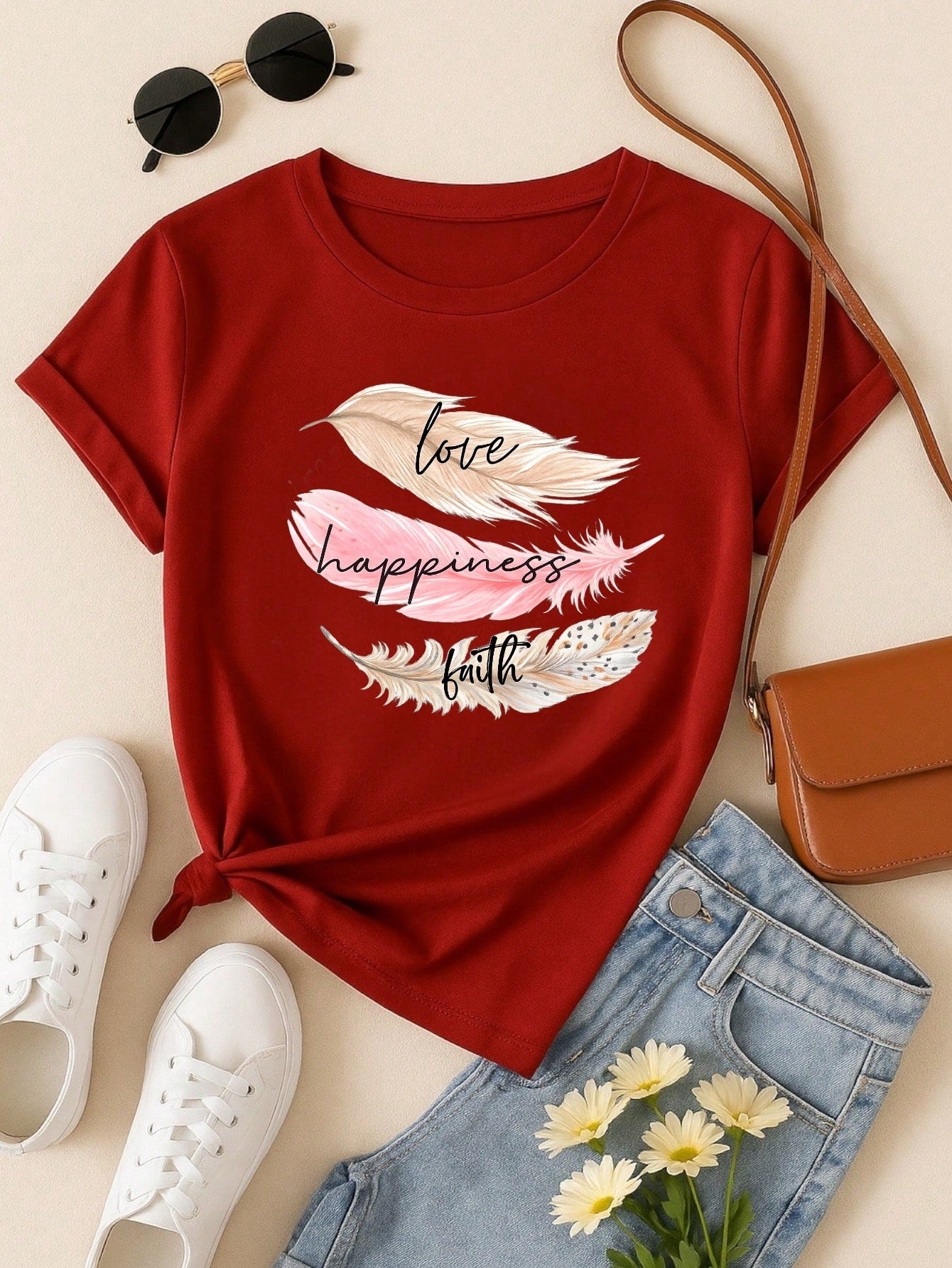 Camiseta Feminina 100% Algodão Estampa Love Happiness Faith Penas Casual P-GG