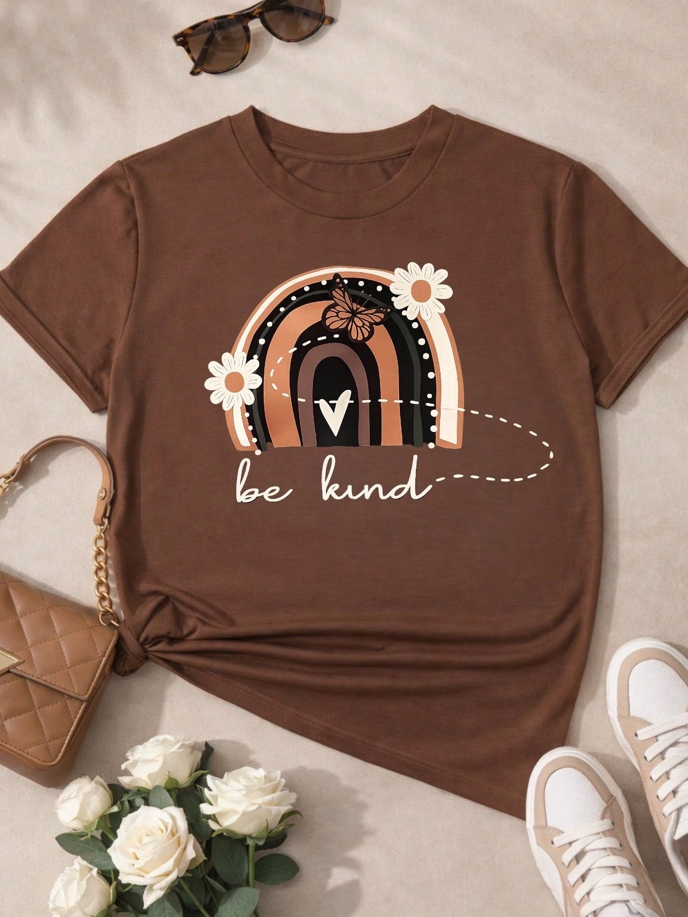 Camiseta Feminina 100% Algodão Blusa T-shirt Babylook Estampa Be Kind Arco Íris Casual P-GG