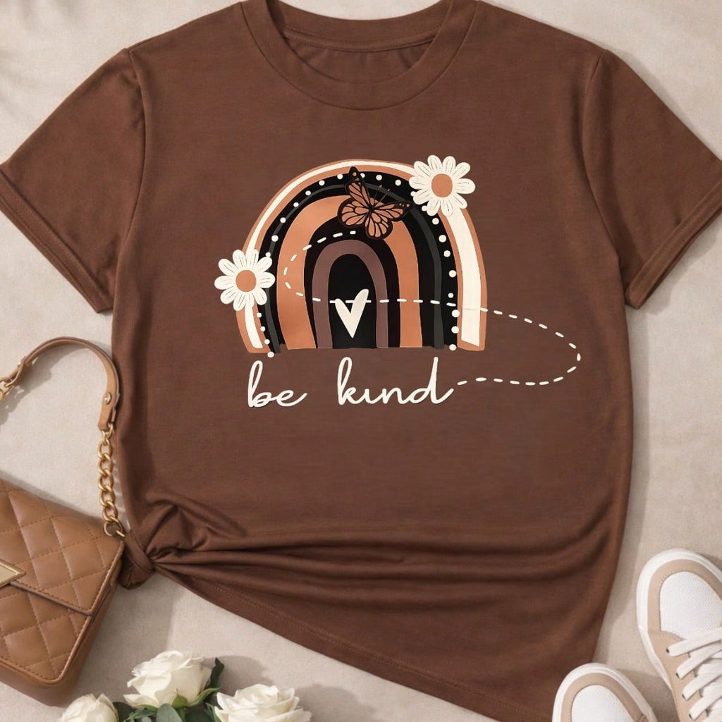 Camiseta Feminina 100% Algodão Blusa T-shirt Babylook Estampa Be Kind Arco Íris Casual P-GG