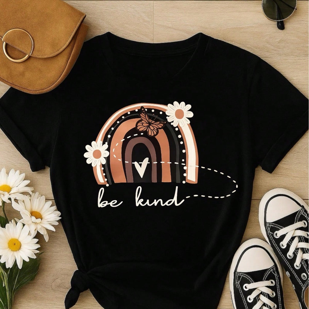 Camiseta Feminina 100% Algodão Blusa T-shirt Babylook Estampa Be Kind Arco Íris Casual P-GG