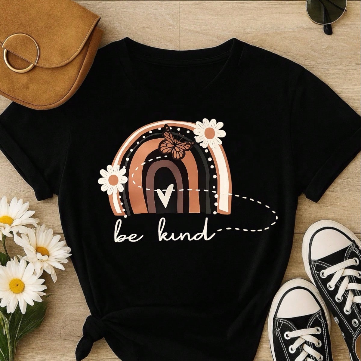 Camiseta Feminina 100% Algodão Blusa T-shirt Babylook Estampa Be Kind Arco Íris Casual P-GG