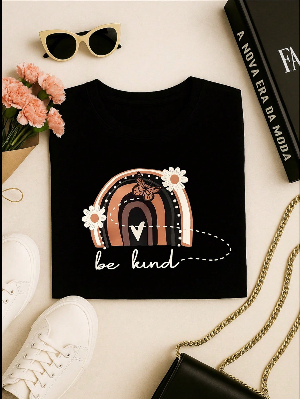 Camiseta Feminina 100% Algodão Blusa T-shirt Babylook Estampa Be Kind Arco Íris Casual P-GG