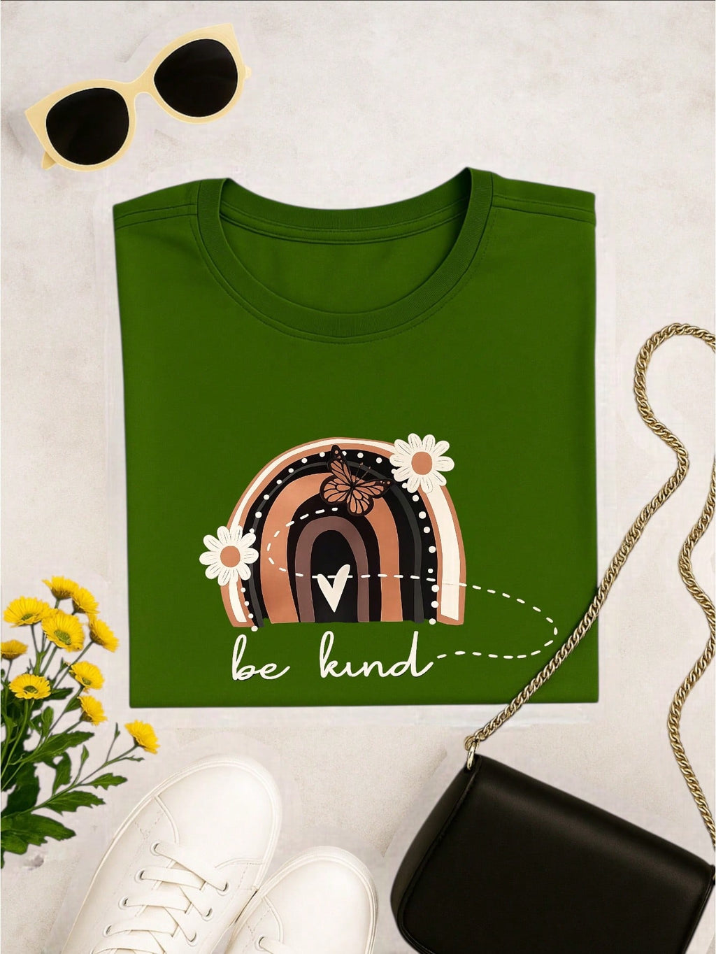 Camiseta Feminina 100% Algodão Blusa T-shirt Babylook Estampa Be Kind Arco Íris Casual P-GG